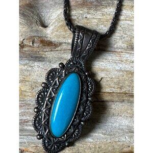 Vintage Sterling Silver Turquoise Pendant Necklace Women 18” Southwestern Navajo